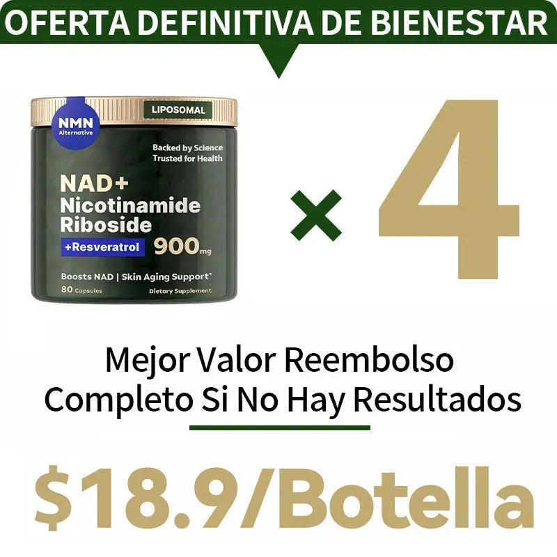 Suplemento de NAD de alta pureza (ribosida de nicotinamida liposomal, resveratrol, quercetina) para combatir el envejecimiento, generar energía y concentrarse