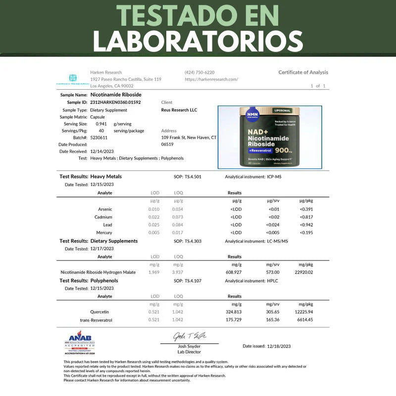 Suplemento de NAD de alta pureza (ribosida de nicotinamida liposomal, resveratrol, quercetina) para combatir el envejecimiento, generar energía y concentrarse