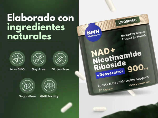 Suplemento de NAD de alta pureza (ribosida de nicotinamida liposomal, resveratrol, quercetina) para combatir el envejecimiento, generar energía y concentrarse