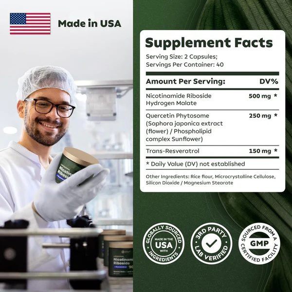 Suplemento de NAD de alta pureza (ribosida de nicotinamida liposomal, resveratrol, quercetina) para combatir el envejecimiento, generar energía y concentrarse
