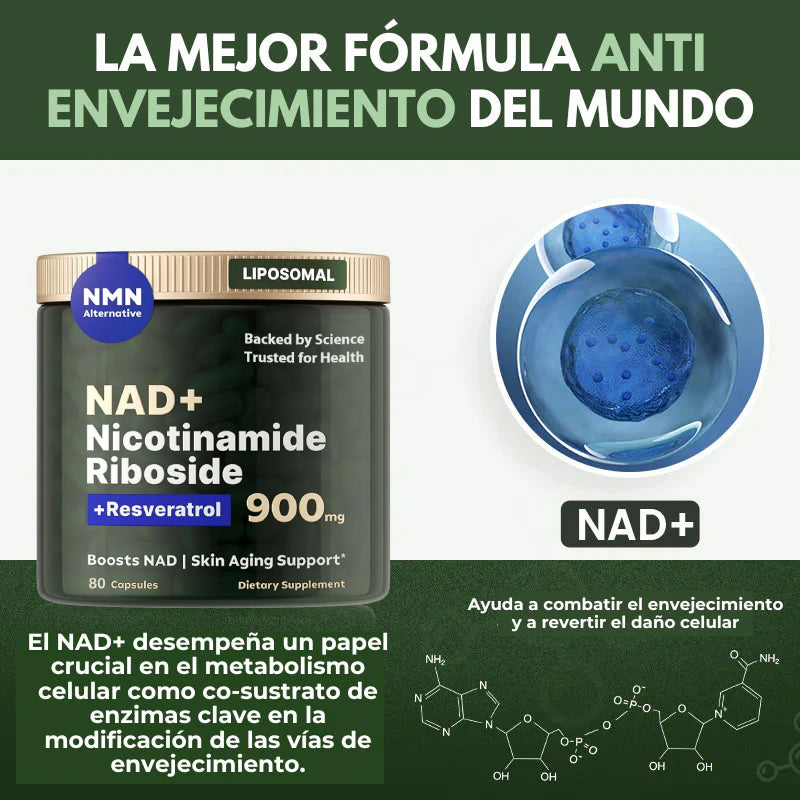 Suplemento de NAD de alta pureza (ribosida de nicotinamida liposomal, resveratrol, quercetina) para combatir el envejecimiento, generar energía y concentrarse