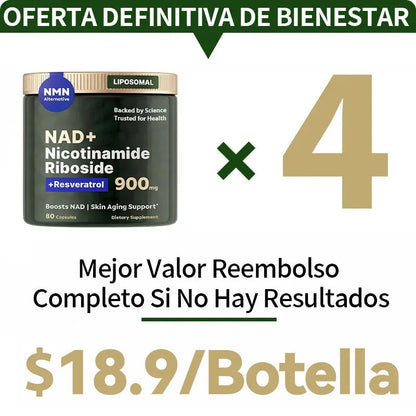 Suplemento de NAD de alta pureza (ribosida de nicotinamida liposomal, resveratrol, quercetina) para combatir el envejecimiento, generar energía y concentrarse