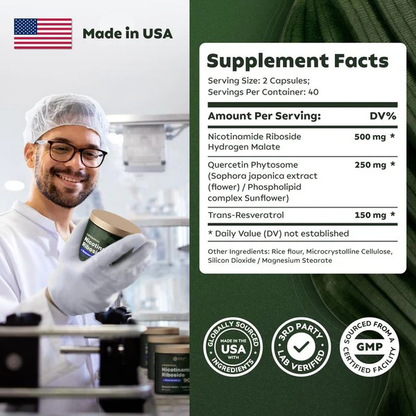 Suplemento de NAD de alta pureza (ribosida de nicotinamida liposomal, resveratrol, quercetina) para combatir el envejecimiento, generar energía y concentrarse