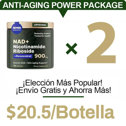 Suplemento de NAD de alta pureza (ribosida de nicotinamida liposomal, resveratrol, quercetina) para combatir el envejecimiento, generar energía y concentrarse